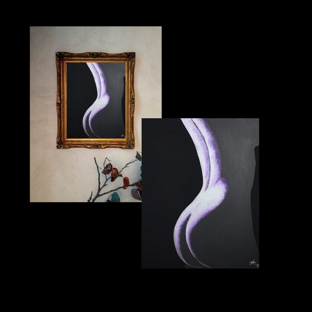 Abstract art with flowing purple and white lines on a black background.