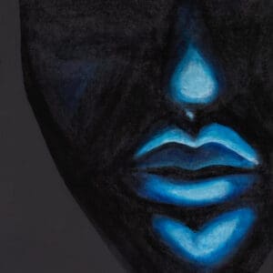 BLUE, a woman’s face emerging from black through blue highlights, by Ashley Karno.