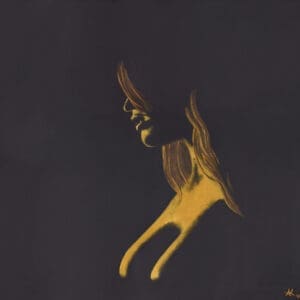 Candlelit, a woman’s face and upper body illuminated in gold against black, by Ashley Karno.
