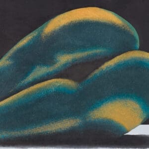 She Sells Sea Shells, a curled figure illuminated in teal and metallic gold against black, by Ashley Karno.