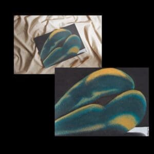 A picture with two of the same paintings it is of a woman's naked rear done in turquoise and gold by Ashley Karno