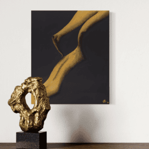 Abstract art with gold sculpture display.
